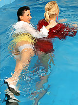 Secretary, Three wet lesbians playing with each other in the deep end