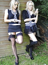 High Heels, Candice Collyer plus Lucy-Anne Brooks Naughty Scholars in Garter Belt Stockings plus Stiletto Heels
